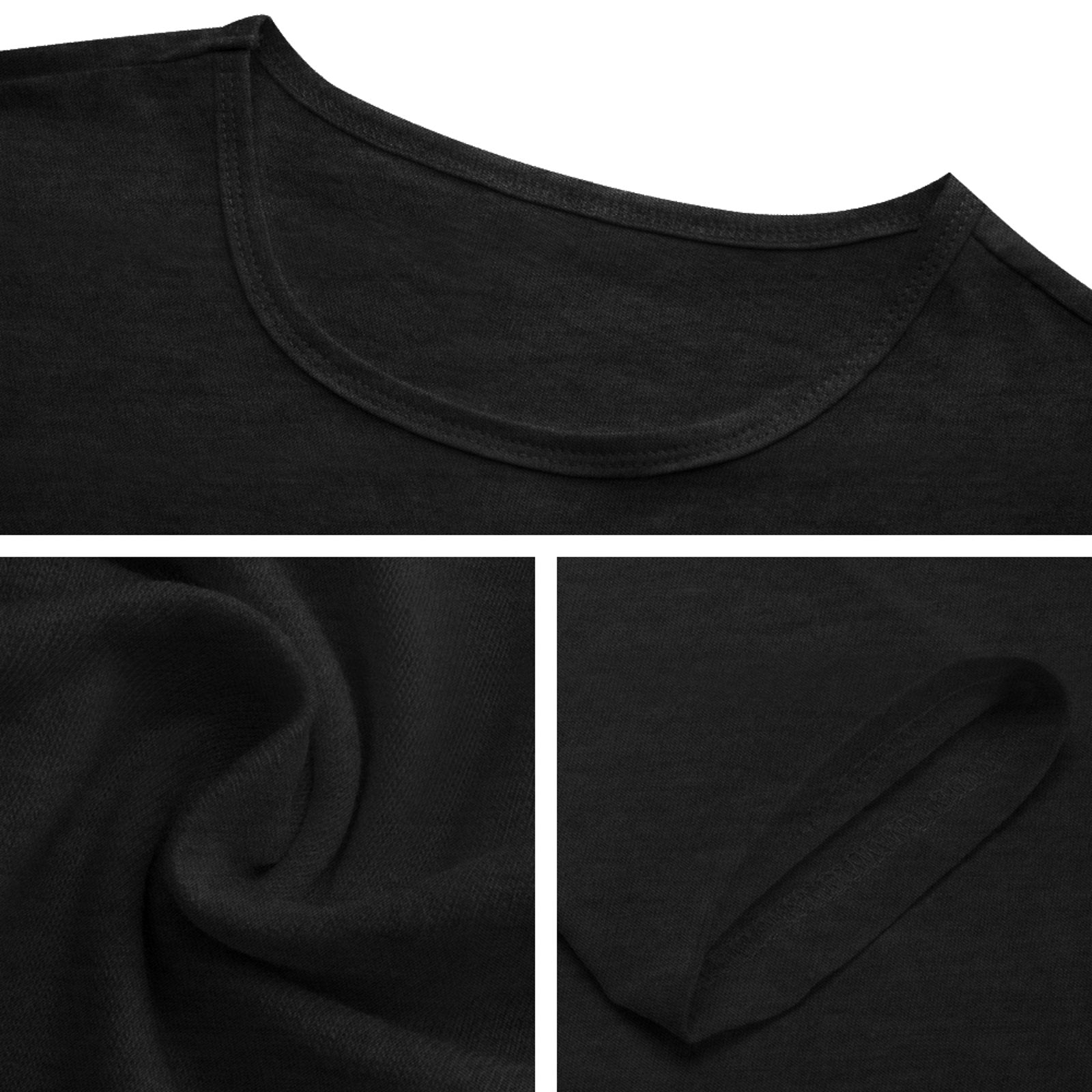 Black crew neck long sleeve t-shirt details: neckline, fabric texture, and sleeve cuff for men's personalized gifts.