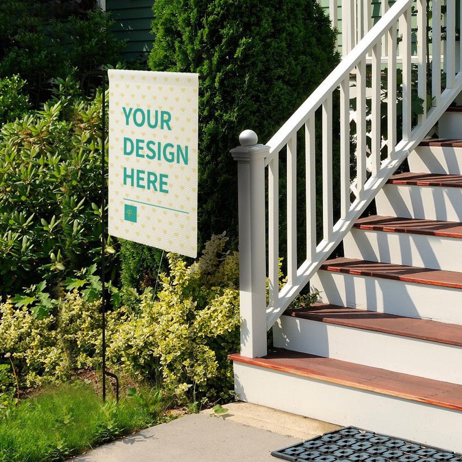 Customizable linen garden flag with 'YOUR DESIGN HERE' for garden and patio decor, double-sided design.