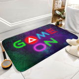 Coral velvet bath rug with neon 'GAME ON' design for bathroom, non-slip floor carpet