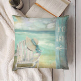 Beach pillow with chair, hat, and 'TO BE' text. Soft plush cover for sofa, couch, and home decor.