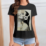 Black graphic tee with woman and headphone design for women; MyArtsyGift.com product.