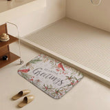 Seasons Greetings coral velvet bath rug with cardinal birds, non-slip, for bathroom or kitchen