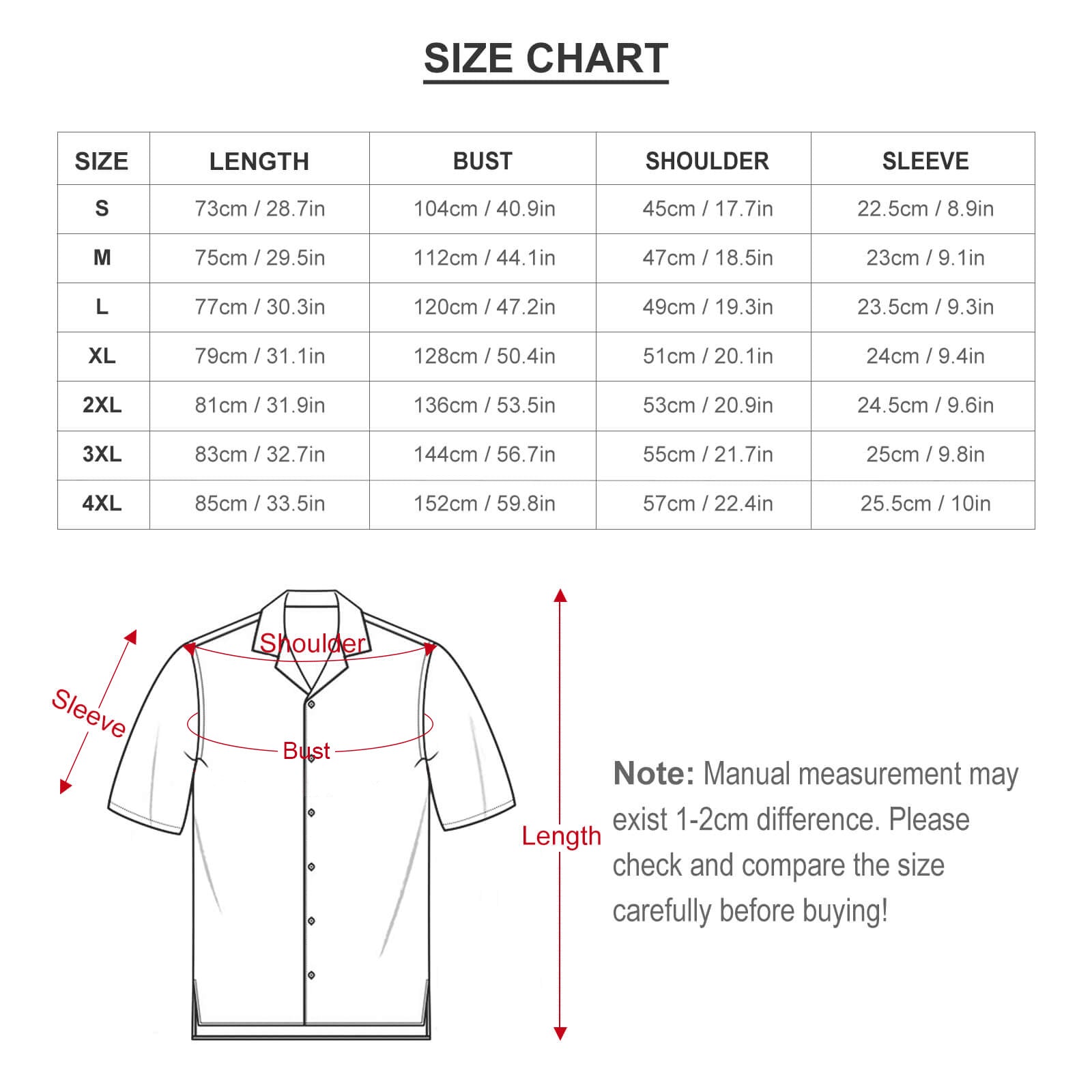 Custom men's short sleeve shirt size chart. Peach skin velvet shirt bust, shoulder, sleeve measurements. MyArtsyGift.