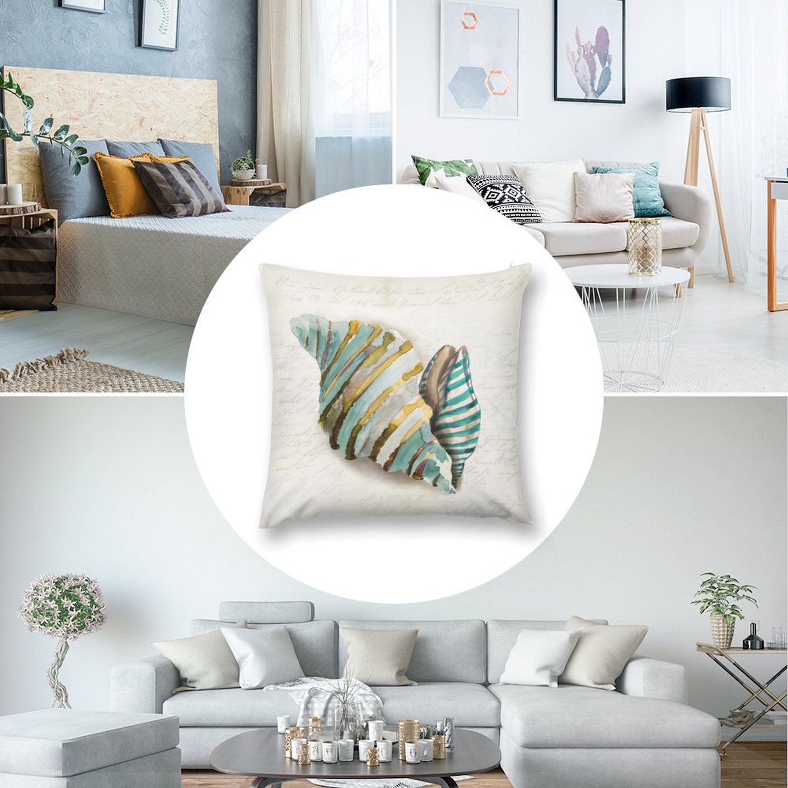Luxury seashell design pillow cover in teal and gold. Short plush decorative cushion for sofa, couch, and living room.