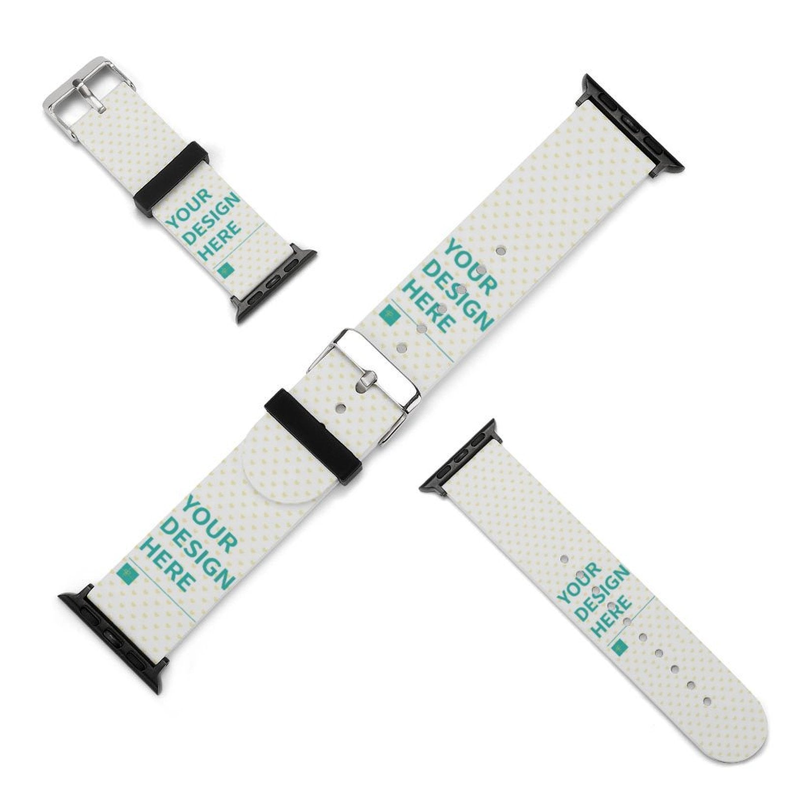 Customizable Apple Watch band with "YOUR DESIGN HERE" text, white silicone strap with heart pattern for personalization.