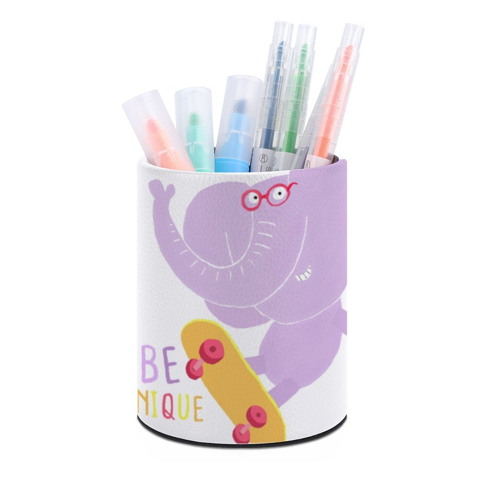 PU Leather Pen Pencil Holder with Elephant Design, BE UNIQUE, Stationery Organizer for Desk