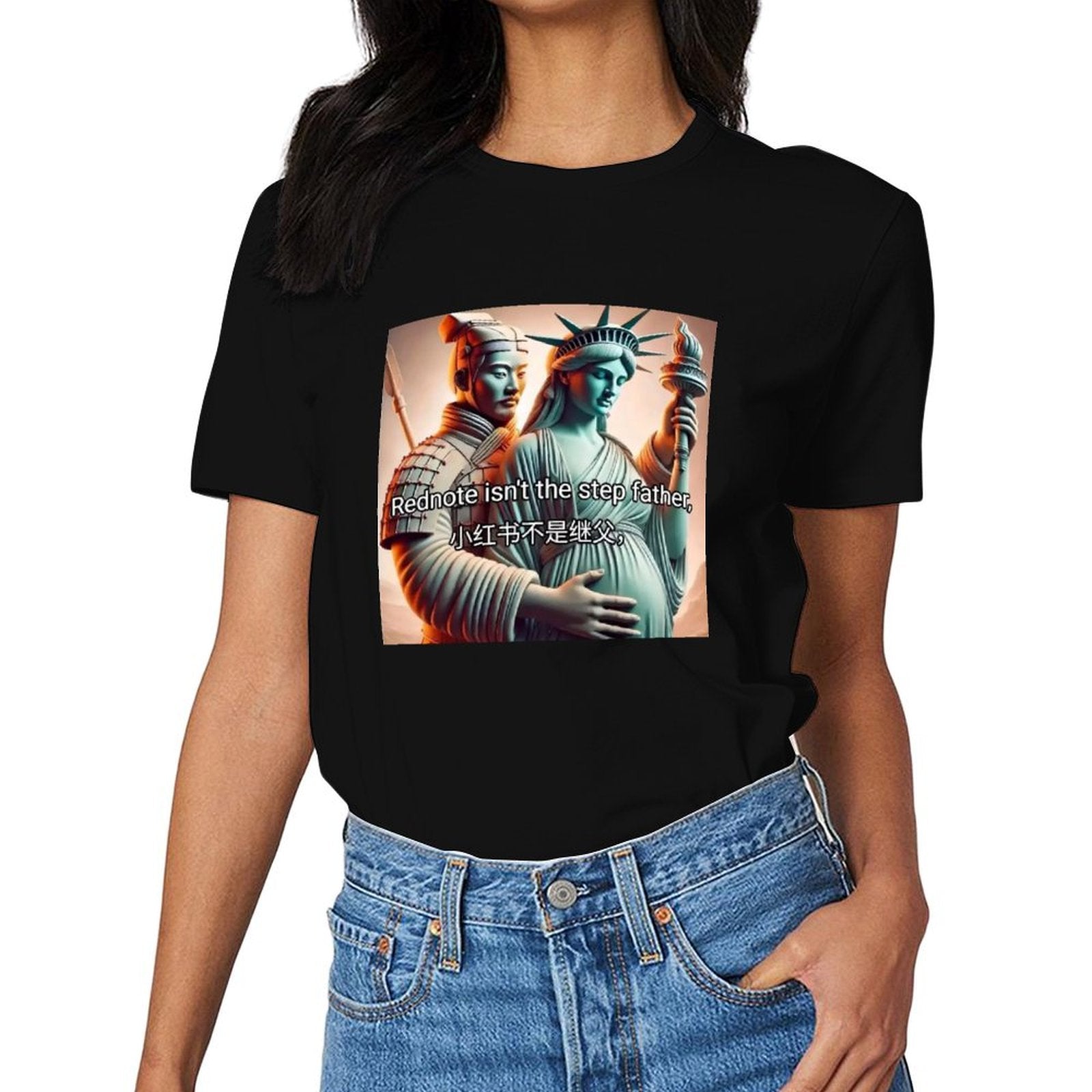 Black cotton t-shirt with Rednote meme design featuring Statue of Liberty and Chinese soldier, ideal for men and women.