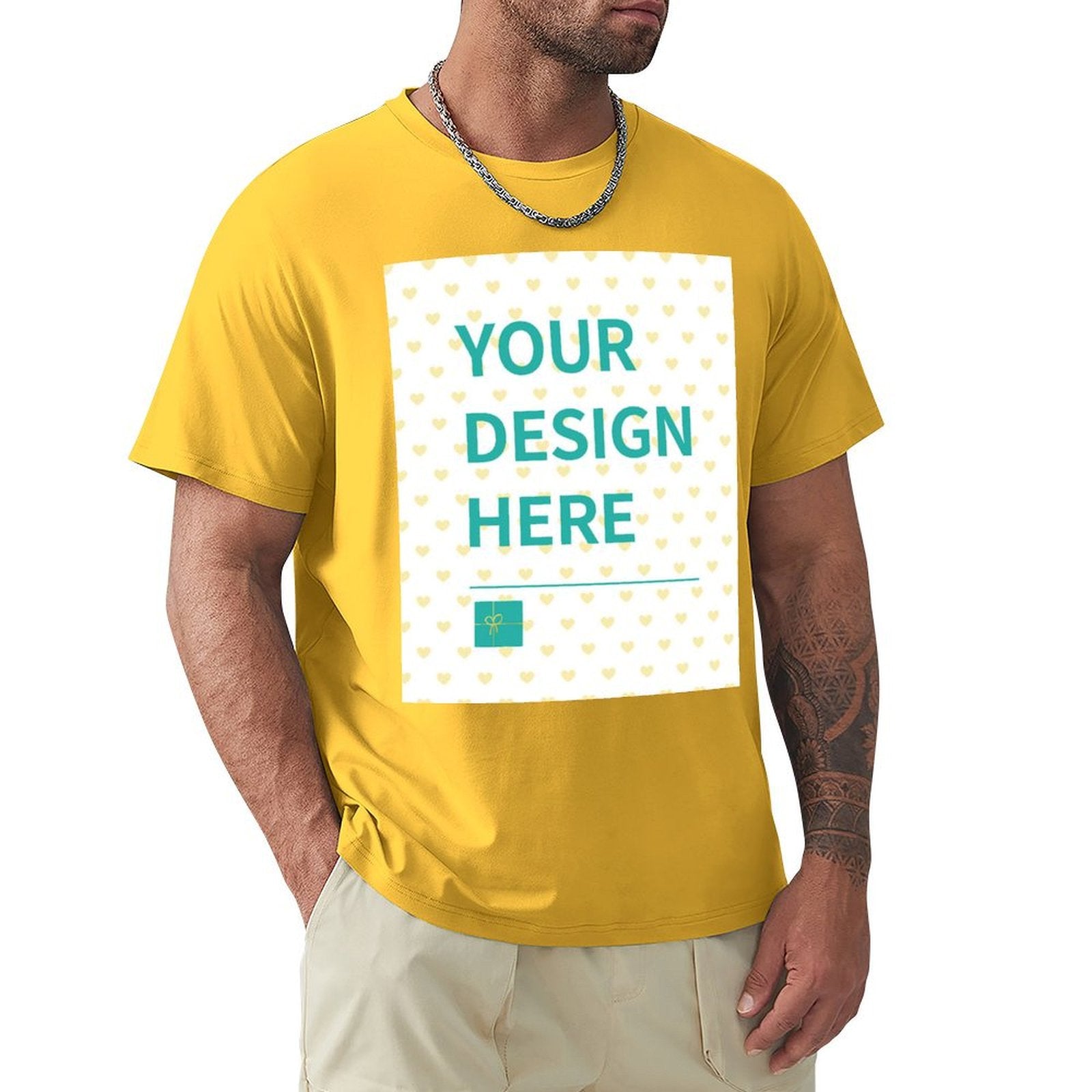 Yellow men's short sleeve t-shirt with 'YOUR DESIGN HERE' customizable design. Express your creativity.
