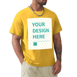 Yellow men's short sleeve t-shirt with 'YOUR DESIGN HERE' customizable design. Express your creativity.