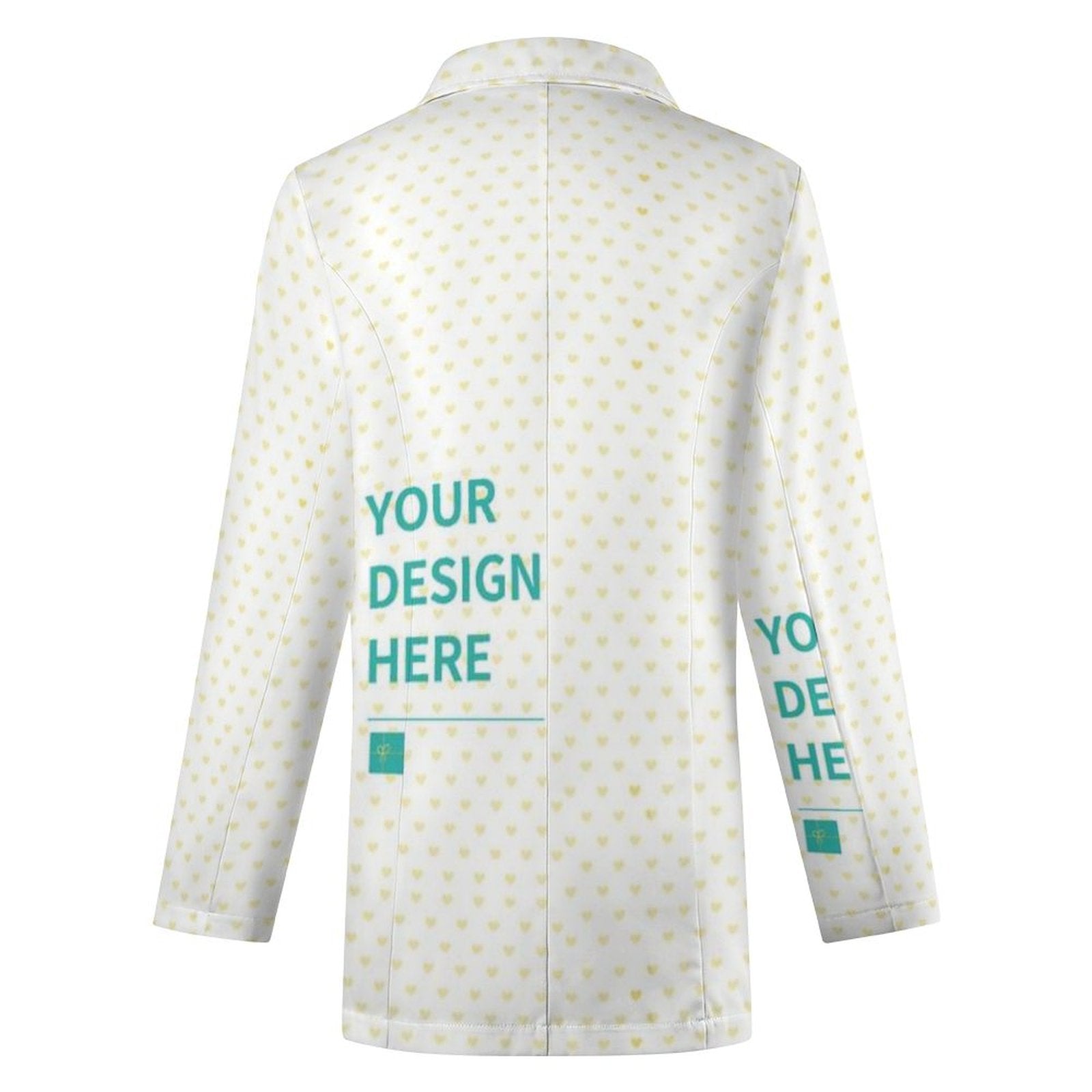 Customizable women's casual blazer, personalized design area, white heart pattern, available at MyArtsyGift