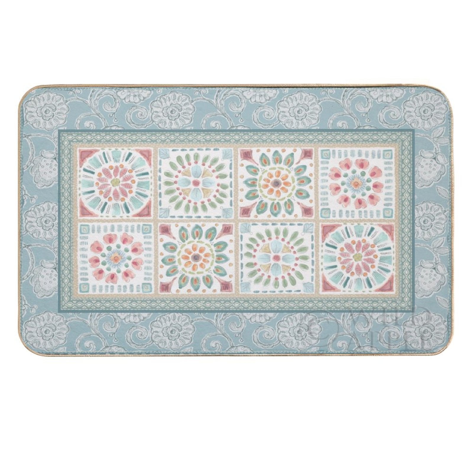 Personalized floral floor mat, pastel colors and Desert BeautiesXIX design, non-slip backing, for bedroom or bathroom.