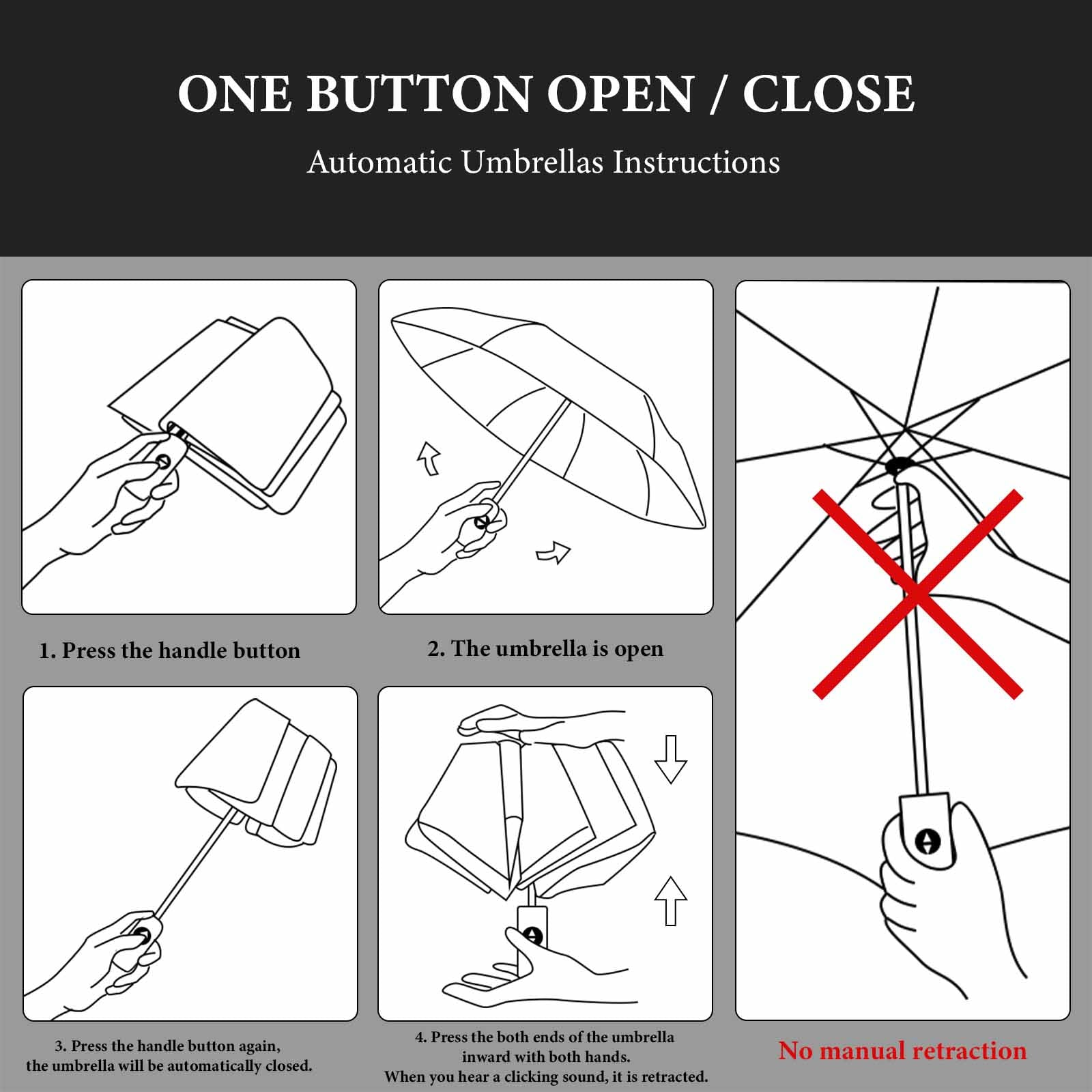 Automatic umbrella instructions: One button open/close, includes opening, closing, and no manual retraction