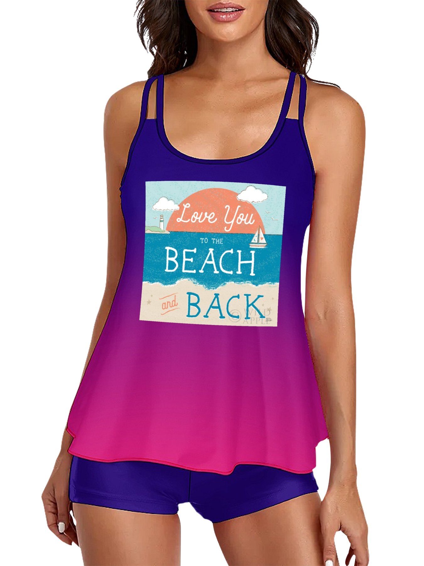 Women's tankini swimsuit with 'Love You to the Beach and Back' beach graphic, ideal for vacations
