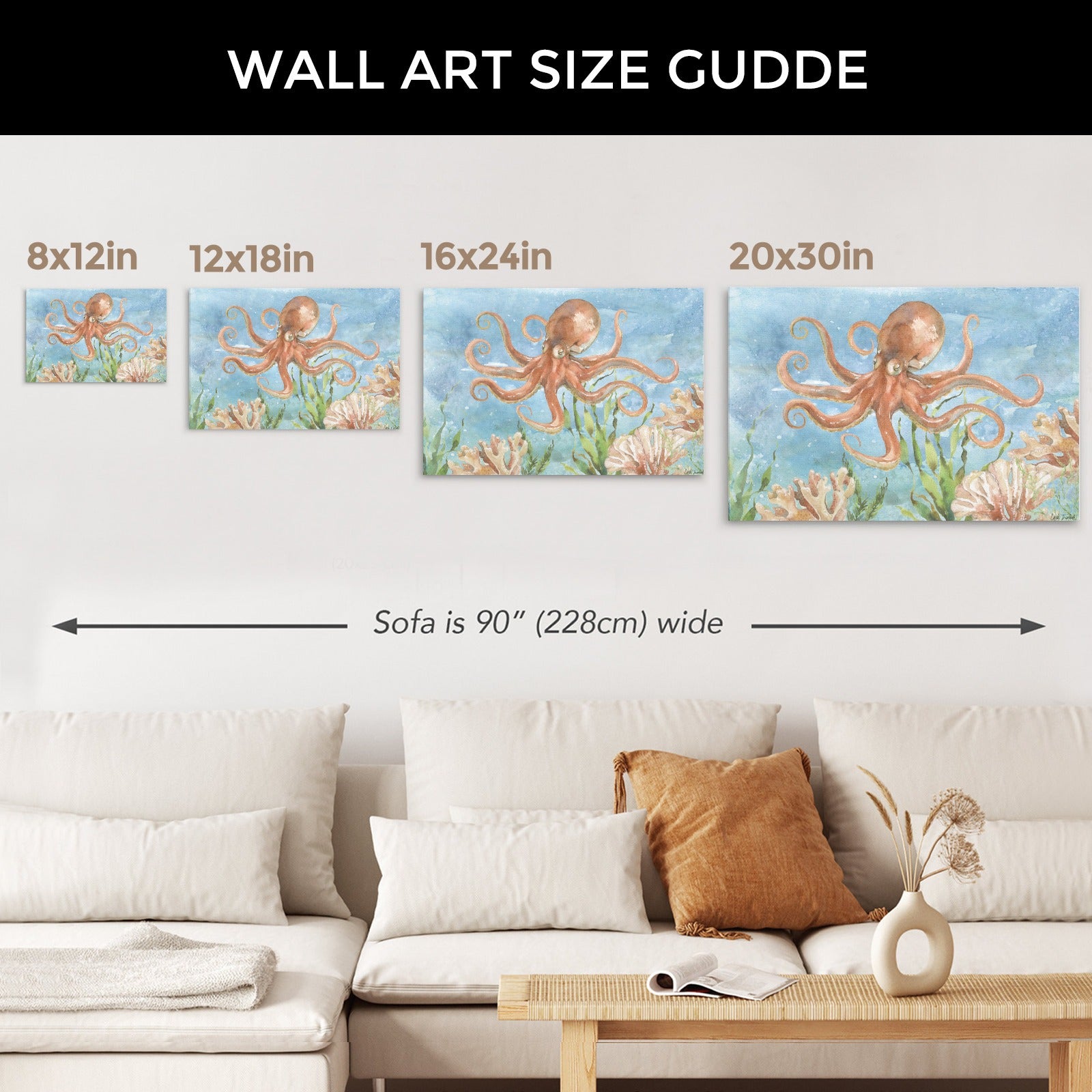 Octopus and Coral Canvas Print size guide. Watercolor art, multiple sizes: 8x12in, 12x18in, 16x24in, 20x30in.