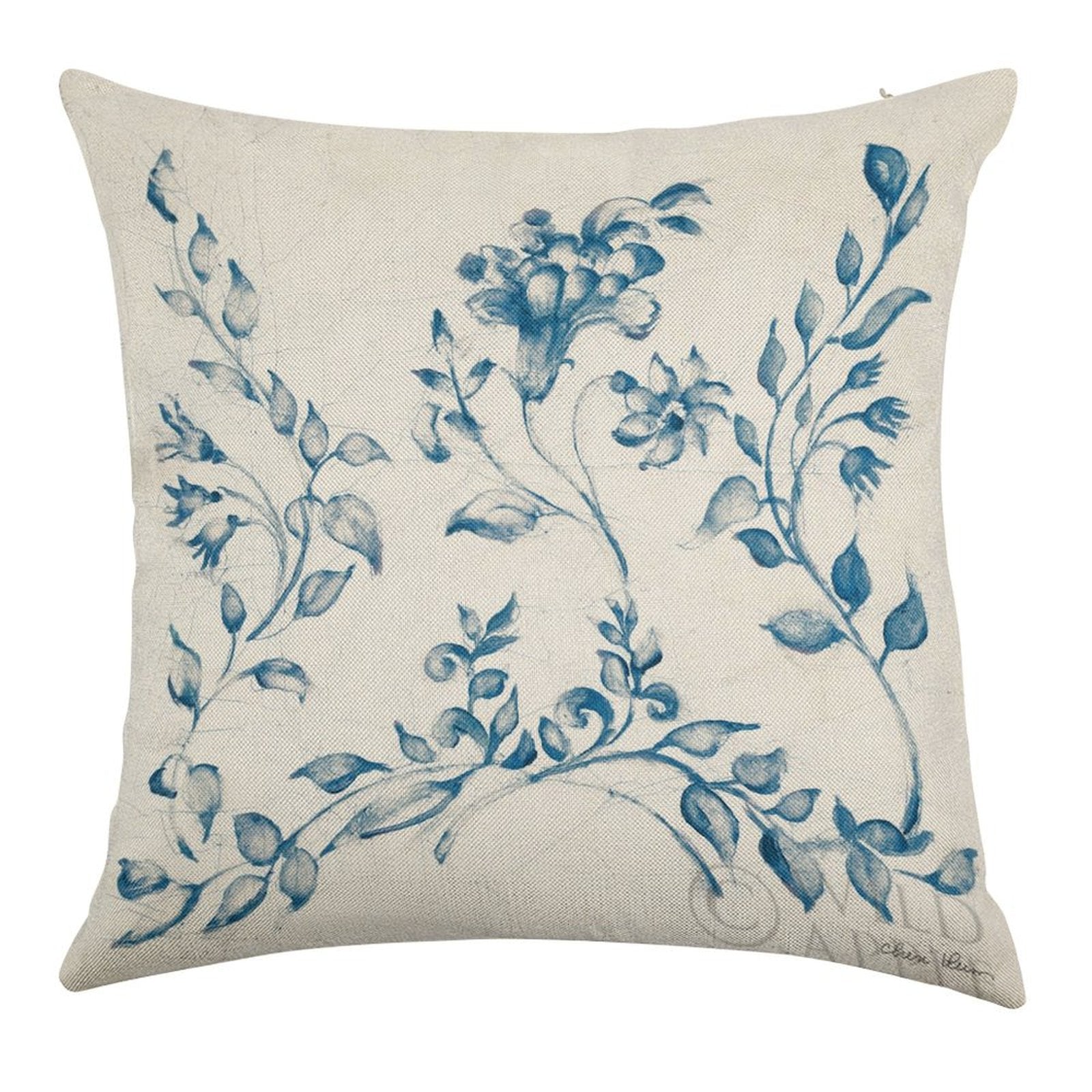 Linen pillow case with blue floral Swedish tile design, perfect for living room decor; made in USA.