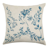Linen pillow case with blue floral Swedish tile design, perfect for living room decor; made in USA.
