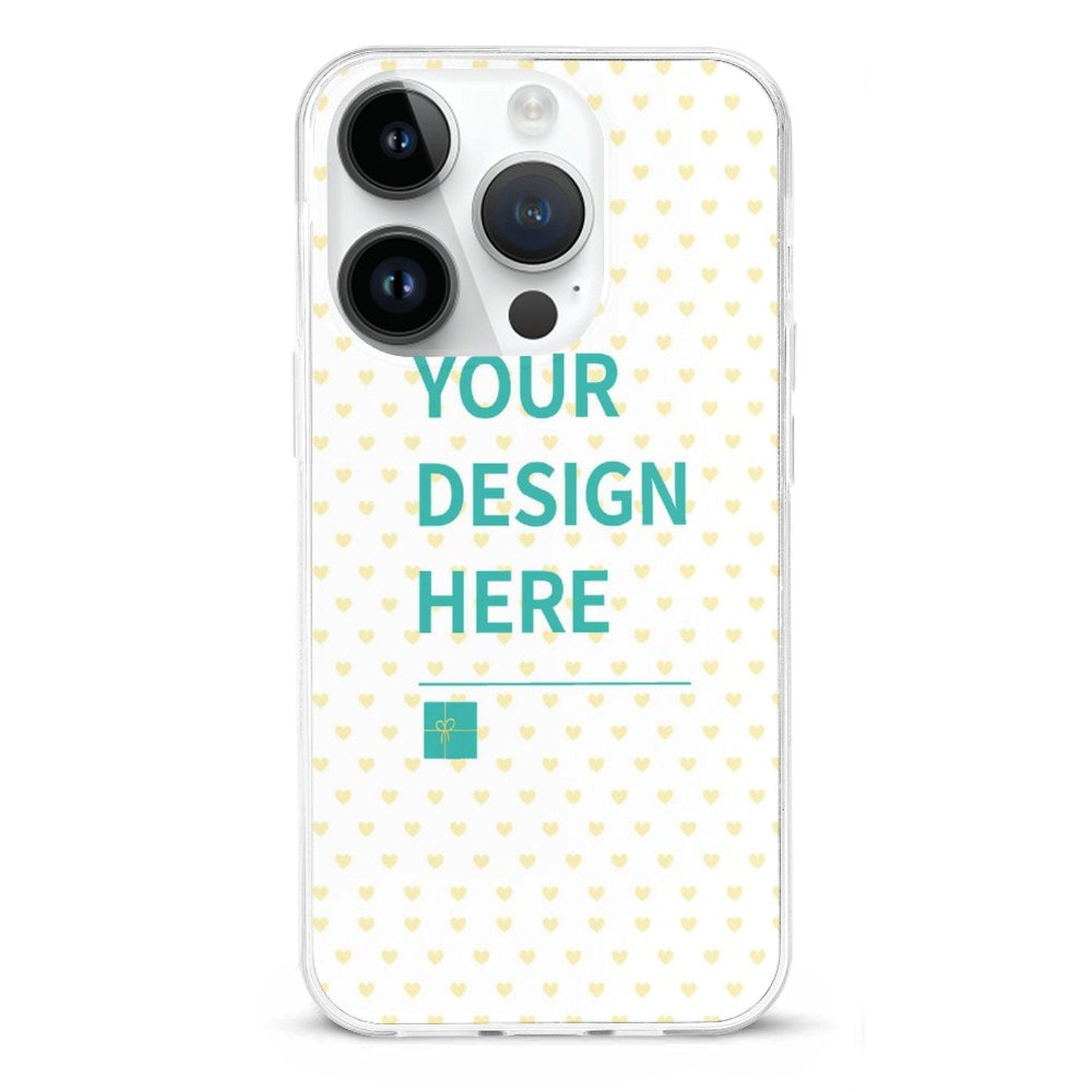 Custom iPhone 14 case with 'YOUR DESIGN HERE' design, heart pattern, TPU material, MyArtsyGift