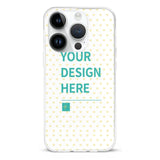 Custom iPhone 14 case with 'YOUR DESIGN HERE' design, heart pattern, TPU material, MyArtsyGift