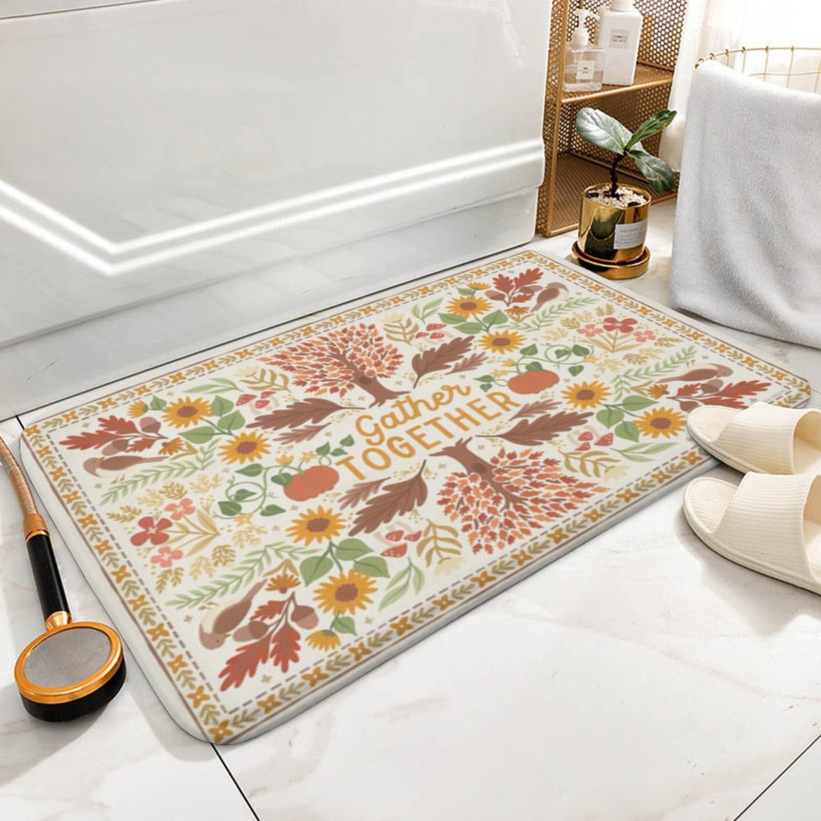 Coral velvet bath rug with 'Gather Together' text and floral design, non-slip for bathroom or kitchen.