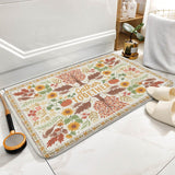 Coral velvet bath rug with 'Gather Together' text and floral design, non-slip for bathroom or kitchen.