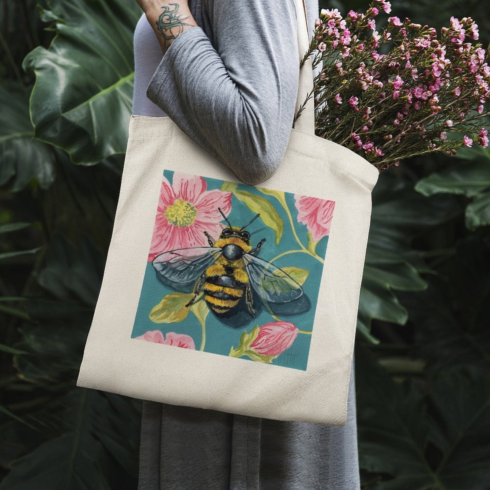Personalized canvas tote bag with fuzzy bee and pink floral design. Cloth shopping bag for women.