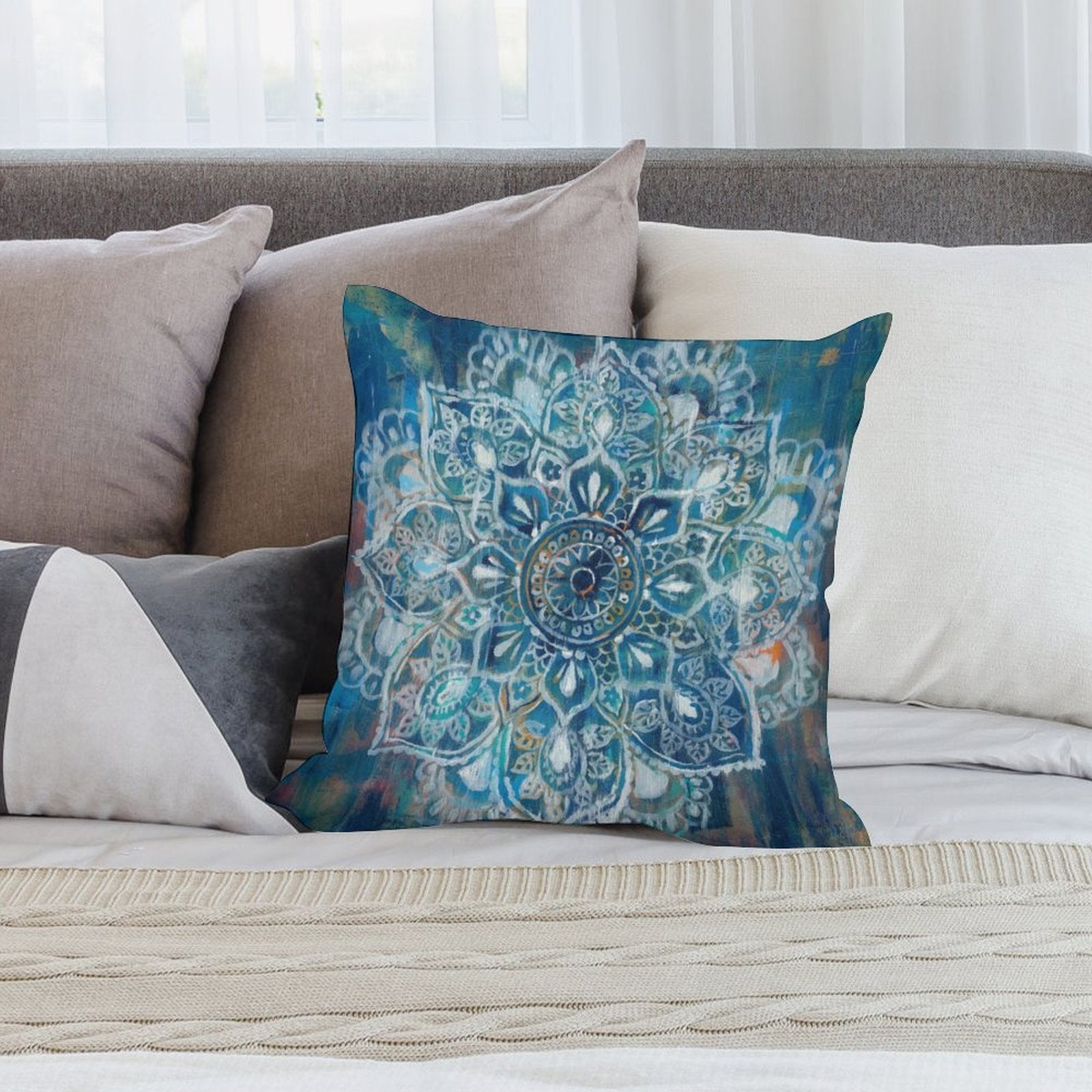 Blue mandala plush pillow cover, soft and decorative, perfect for sofa or couch, featuring intricate art design.