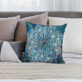 Blue mandala plush pillow cover, soft and decorative, perfect for sofa or couch, featuring intricate art design.