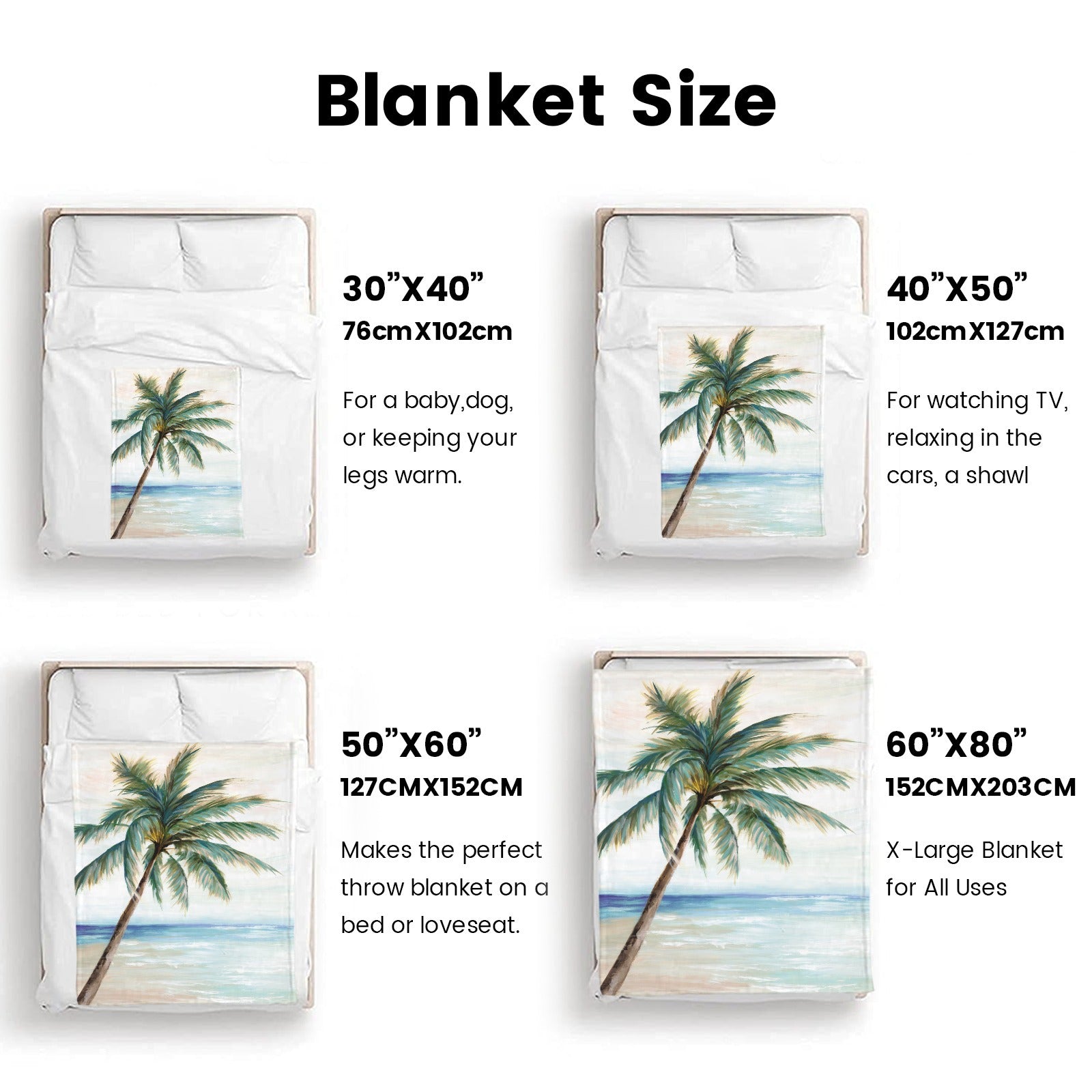 Beach palm tree flannel blanket size guide for sofa or bed, soft polyester, various sizes available.