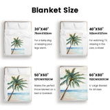Beach palm tree flannel blanket size guide for sofa or bed, soft polyester, various sizes available.