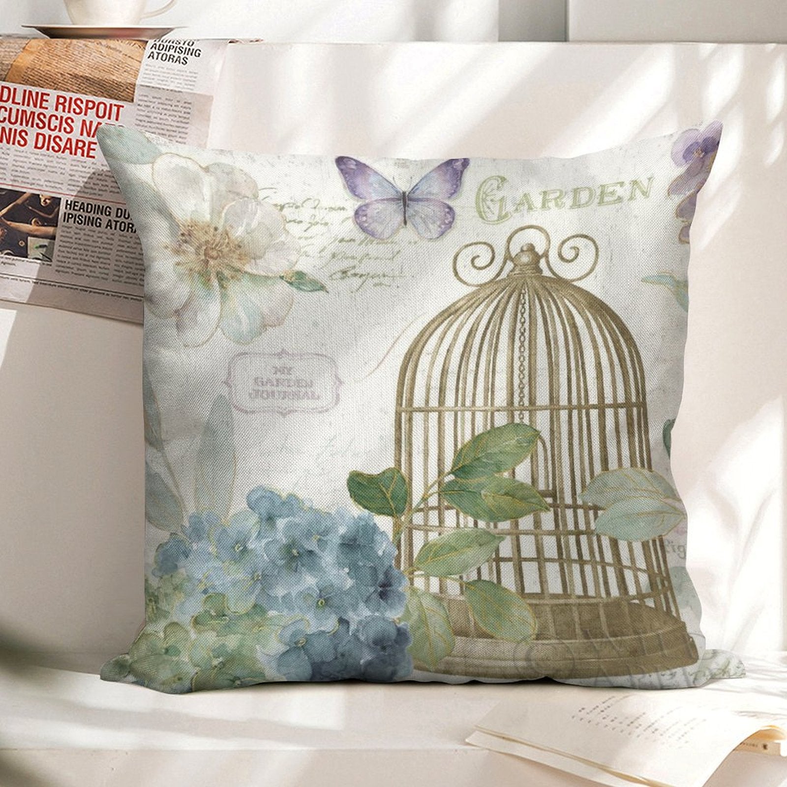 Linen throw pillow case set, birdcage, floral design, blue hydrangea, butterfly, My Garden Journal, for living room