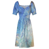 Women's short sleeve mini dress with blue watercolor pattern, perfect for summer. Shop at MyArtsyGift.com