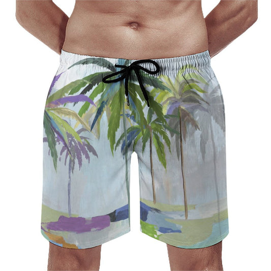 Men's Hawaiian swim trunks with palm tree print, quick-dry fabric, and mesh lining