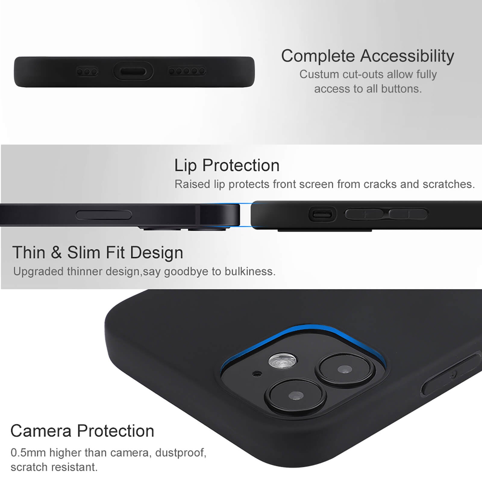 Black iPhone 12 case, complete accessibility, lip and camera protection, and thin design, TPU material