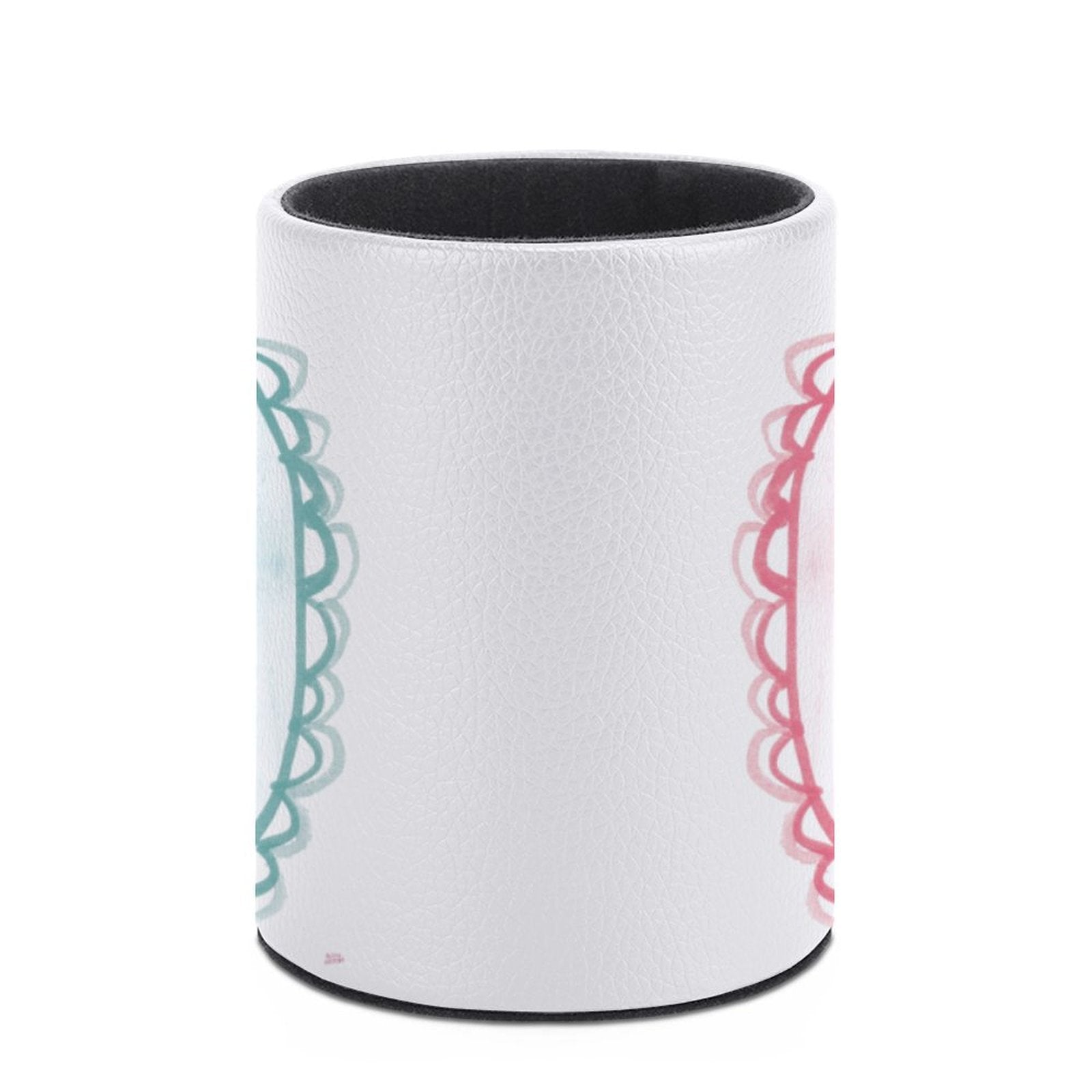 White PU leather pen/pencil holder with teal and pink design for office, school, or home.