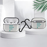 Custom AirPods Pro case with 'YOUR DESIGN HERE' and heart pattern, carabiner, personalized protection for Apple AirPods.