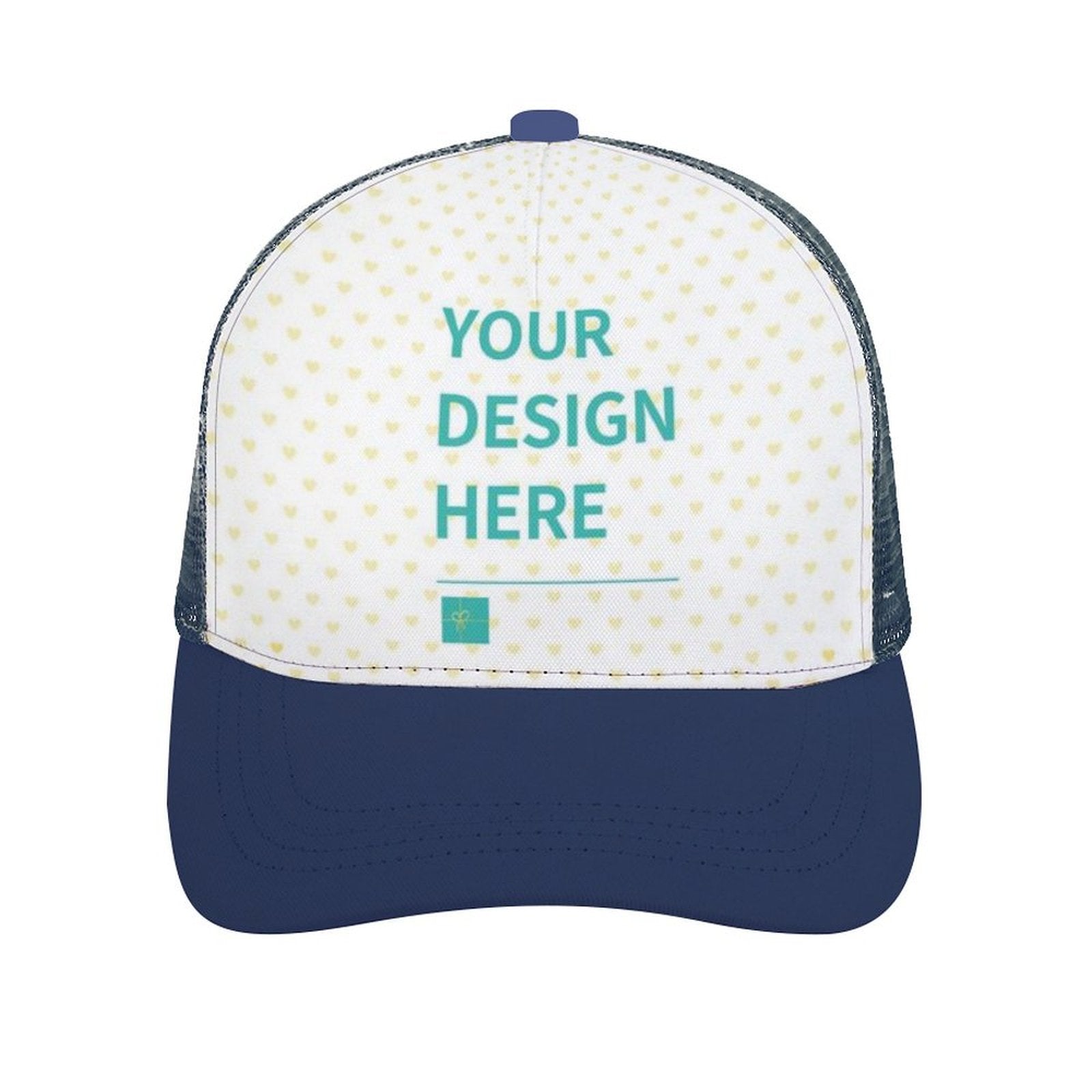 Customizable Trucker Hat with 'YOUR DESIGN HERE' text, navy bill and mesh back, heart pattern