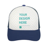 Customizable Trucker Hat with 'YOUR DESIGN HERE' text, navy bill and mesh back, heart pattern