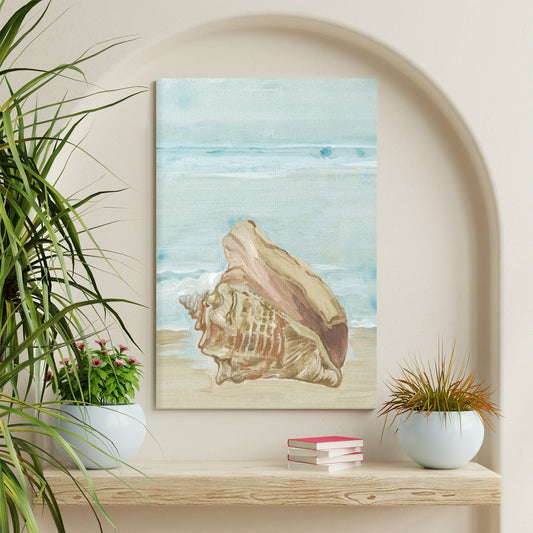 Modern wall art canvas painting of a seashell on a beach for living room decor
