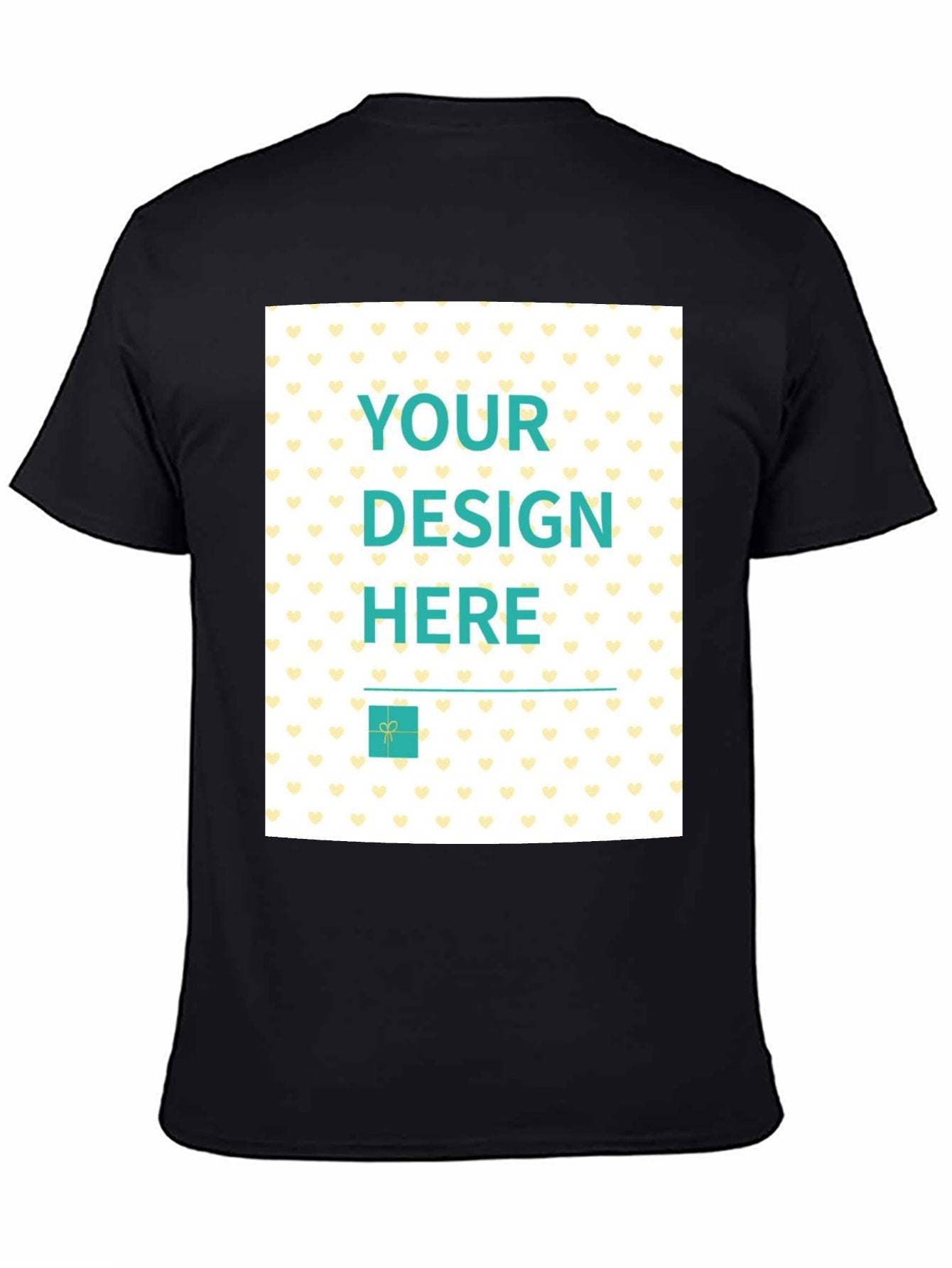 Custom black men's t-shirt with 'YOUR DESIGN HERE' design, personalized gifts, 100% cotton material, short sleeve tee