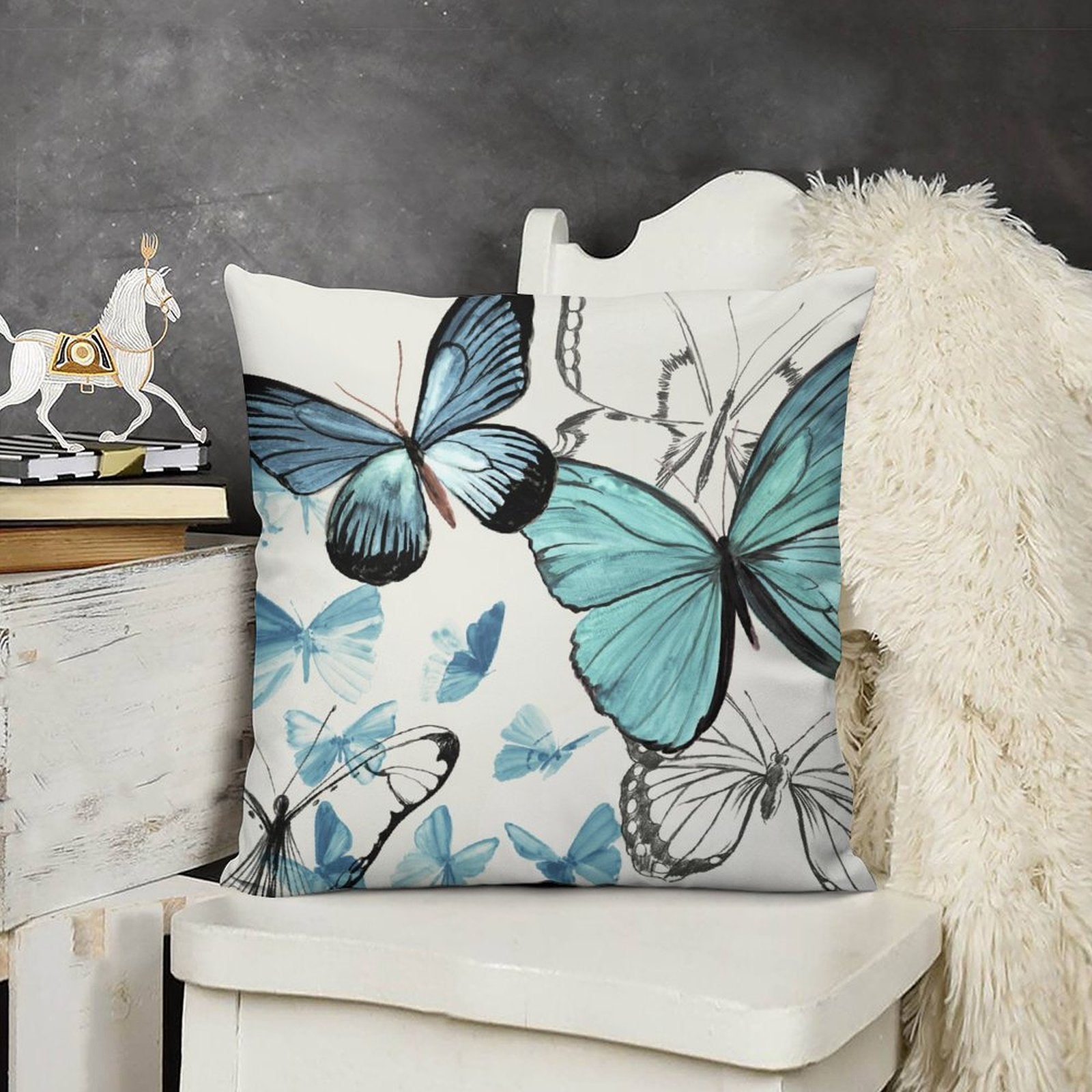 Soft plush pillow cover with blue butterfly print, perfect for living room decor, short plush material.