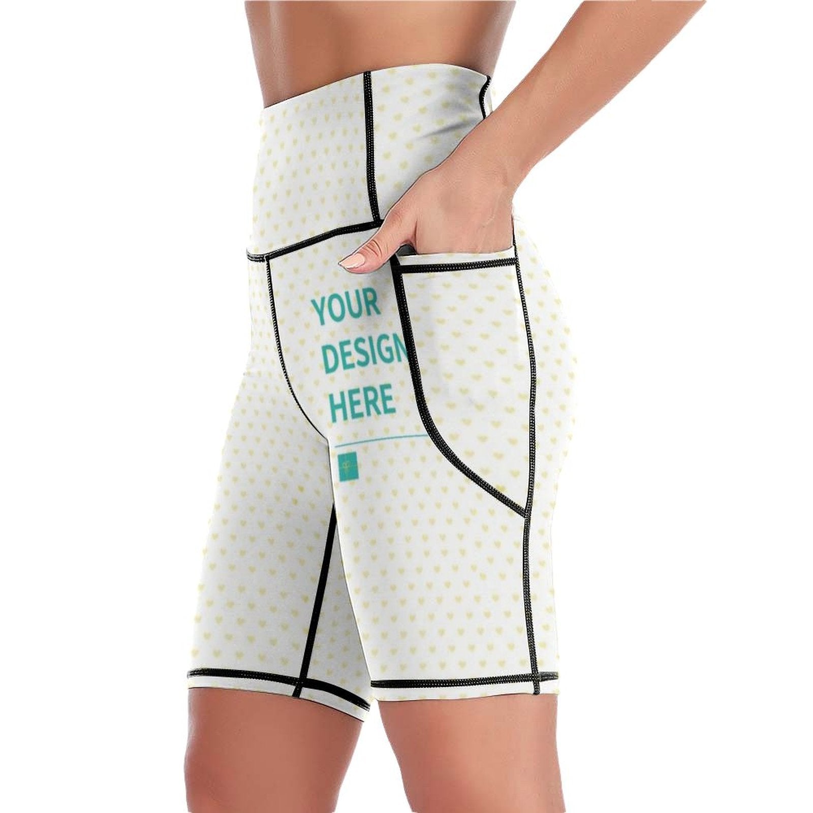 Heart patterned custom yoga capris with pockets, featuring "YOUR DESIGN HERE" from MyArtsyGift, perfect for workouts