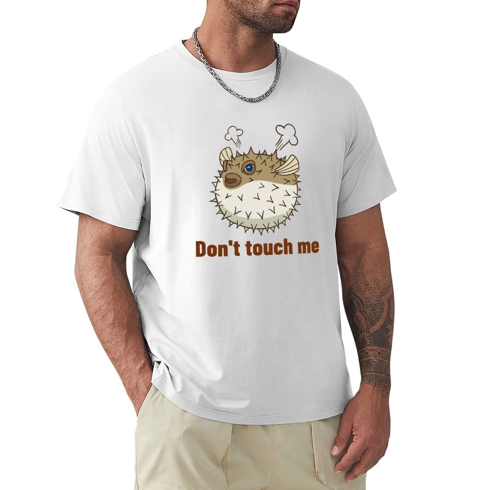 Men's white cotton t-shirt with pufferfish graphic and "Don't touch me" design - Crew neck tee