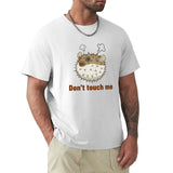 Men's white cotton t-shirt with pufferfish graphic and "Don't touch me" design - Crew neck tee