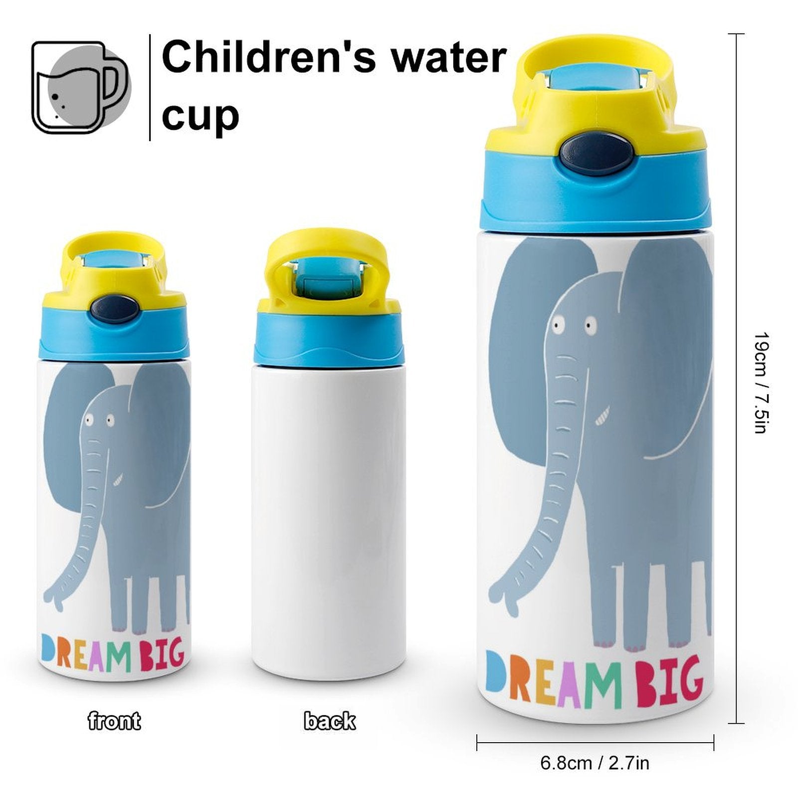 Kids' insulated water bottle with elephant design, blue and yellow lid, and 'DREAM BIG' text, perfect for school.