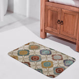 Coral velvet bath rug with geometric pattern in bathroom, non-slip floor carpet