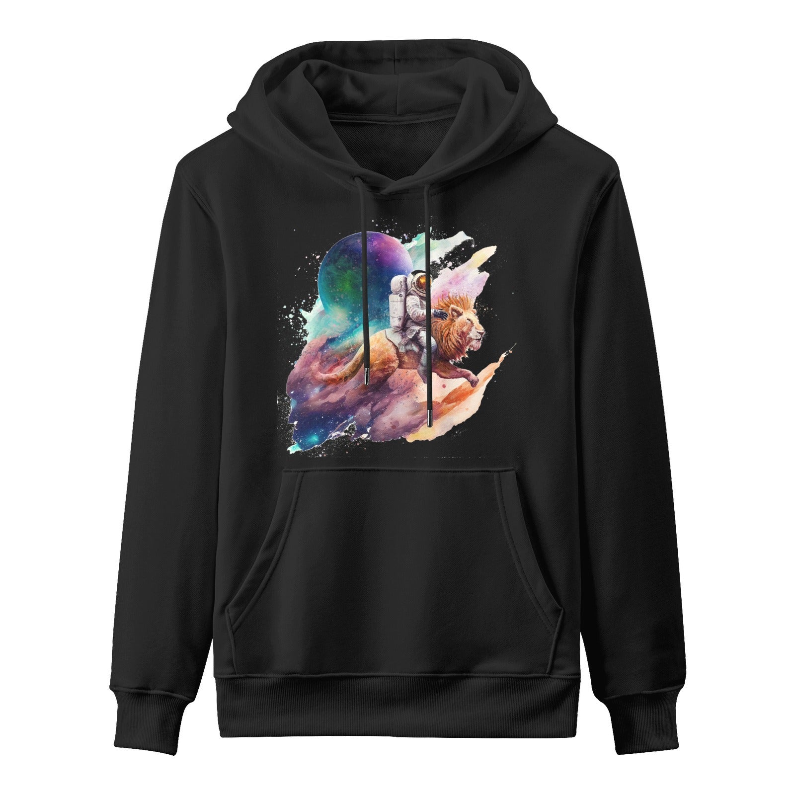 Black Cosmo Ride hoodie for men. Ben Heine's astronaut and lion art. Gildan cotton sweatshirt, MyArtsyGift.com.