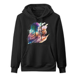 Black Cosmo Ride hoodie for men. Ben Heine's astronaut and lion art. Gildan cotton sweatshirt, MyArtsyGift.com.