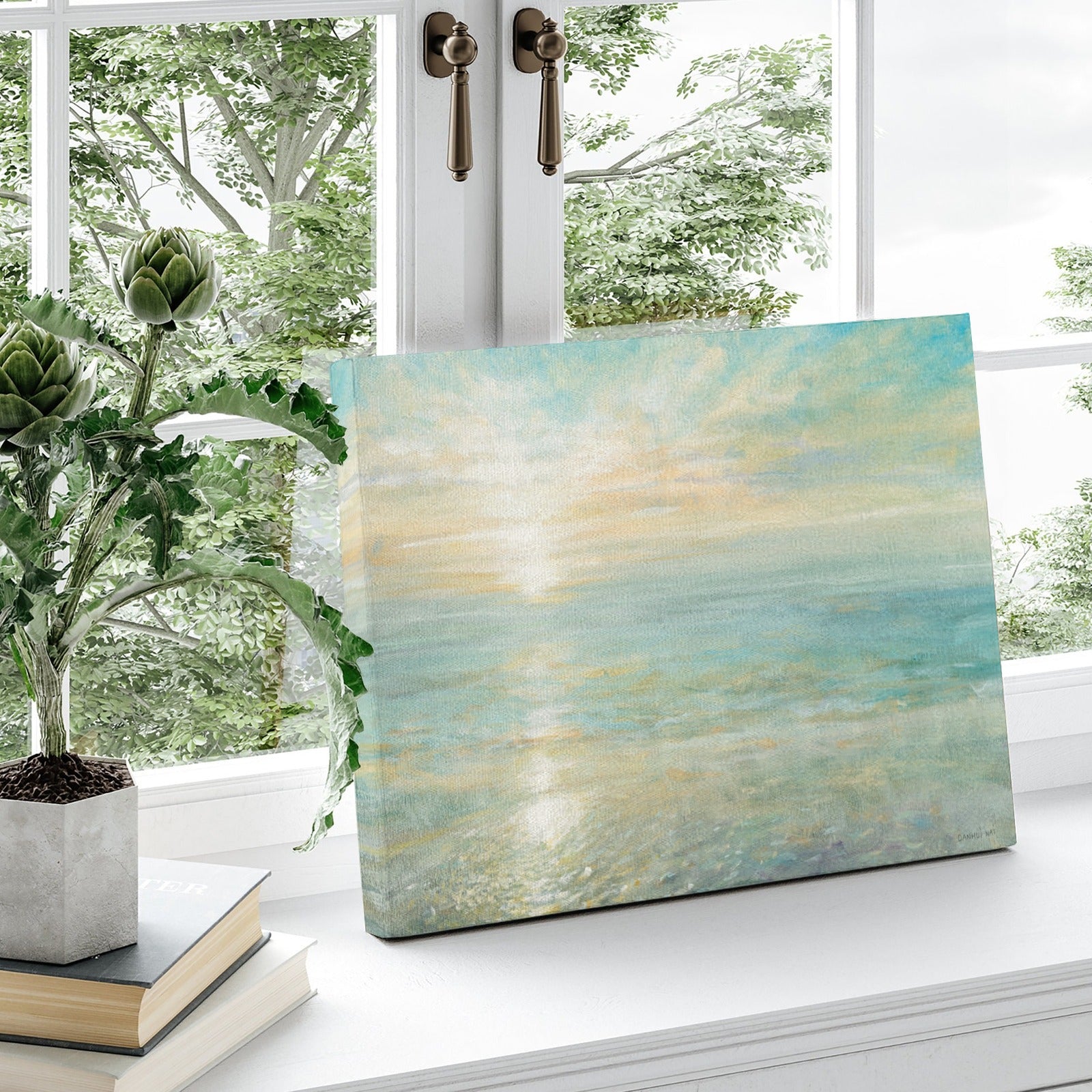 Sunrise canvas art print on window, ocean scenery, soft colors by DANHUI NAI, perfect for wall decor.