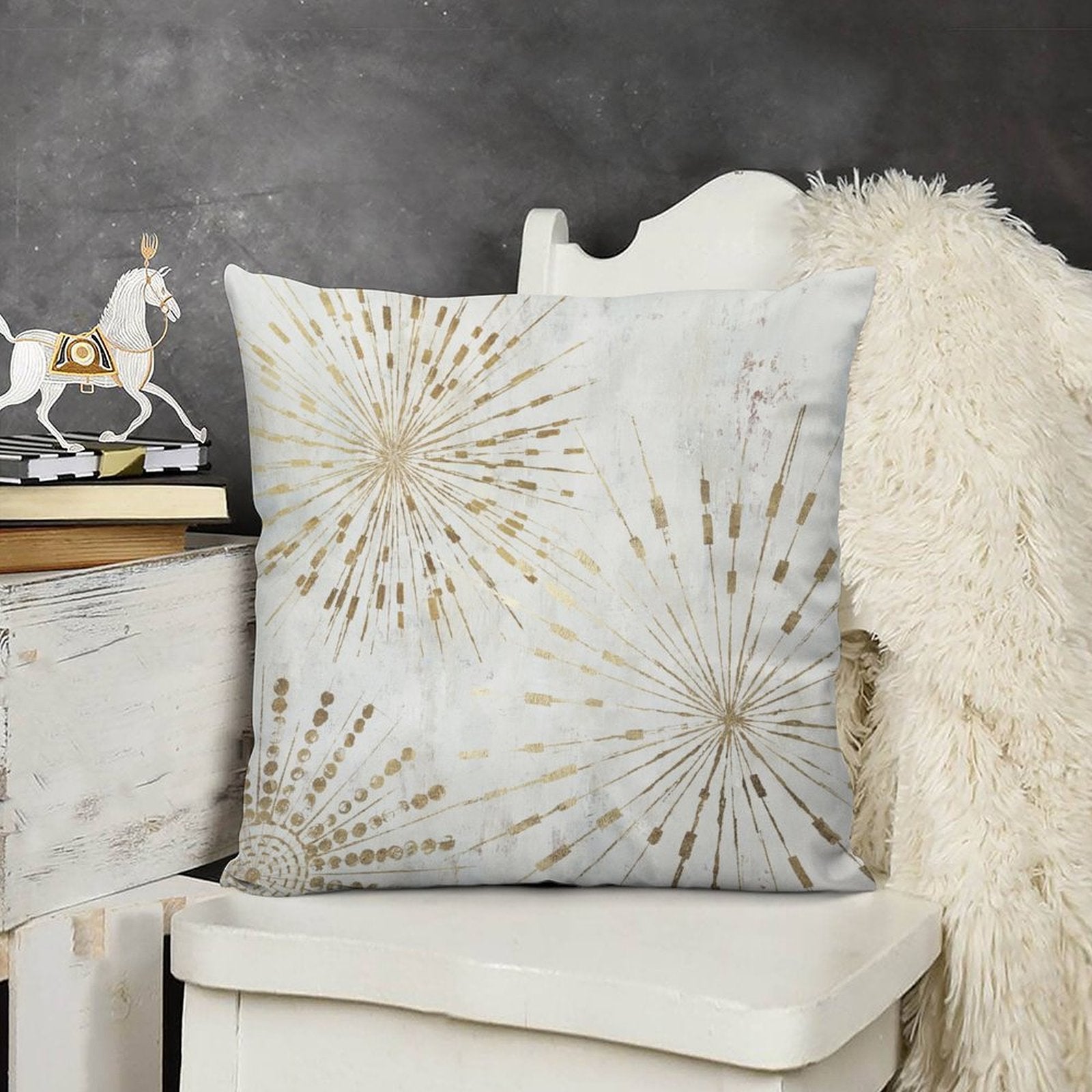 Soft plush pillow cover with gold burst design, for sofa or couch. Decorative and stylish.