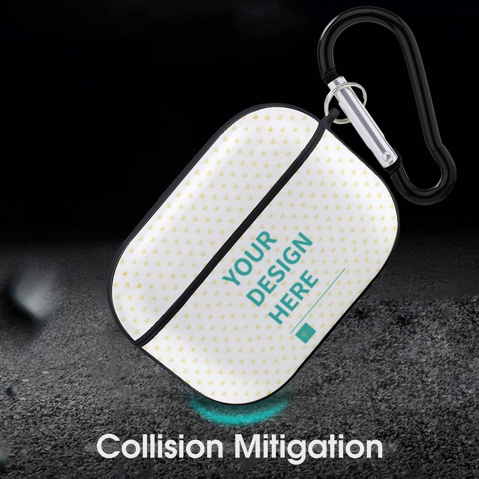 Custom AirPods Pro case, heart pattern, black carabiner, with 'YOUR DESIGN HERE' design, PC hard shell